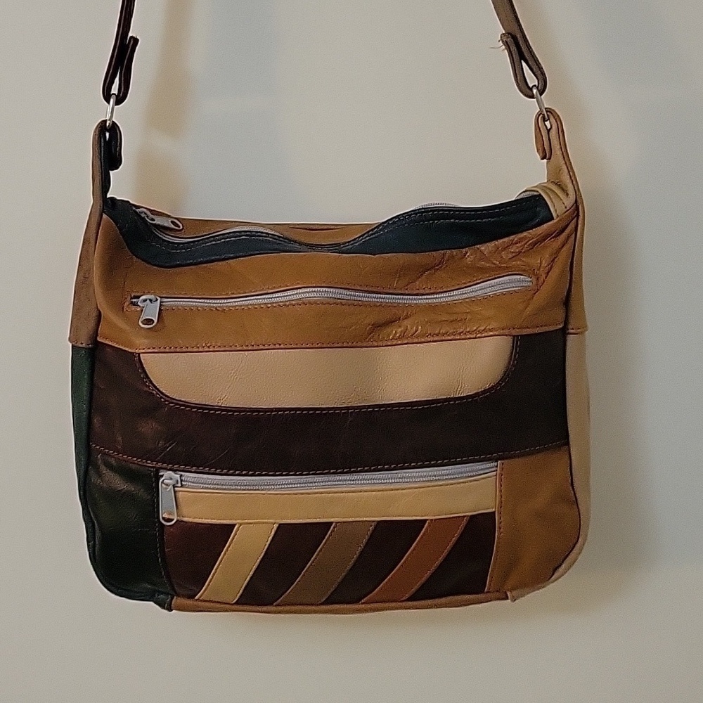 True Vintage 1970s Mexican Leather Colorblock Patchwork Hobo Shoulder Bag - Picture 4 of 12